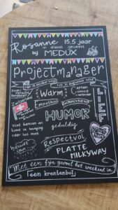 Een superleuk krijtbord vol toepasselijke woorden. Voor een projectmanager.