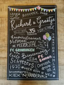 Een superleuk krijtbord vol toepasselijke woorden. Voor een verkering van een keeperstrainer.